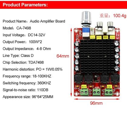 DC14-34V Giriş ve D Sınıfı Teknolojisi ile Çift Kanal 100W Çıkış Ses Güçlendirici Kartı