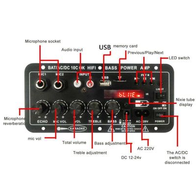 24V/220V Araba Amplifier Subwoofer ve Karaoke için 120W Güçlü Çift Mikrofon ve Bluetooth ile Mono Ses Amplifier