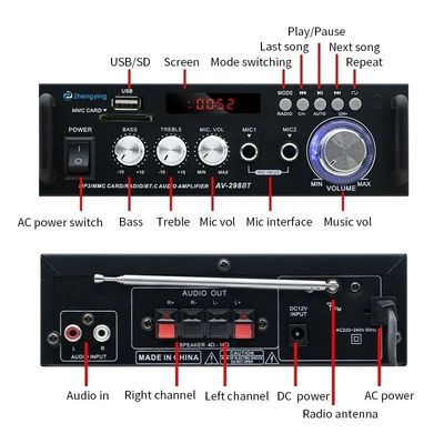 Araç Amplifikatörleri ve KTV Home için Kablosuz BT 2.0 Stereo Ses Amplifikatörü