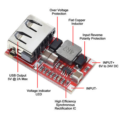 CA-025 Verimli DC-DC dönüştürücü USB şarj cihazı geliştirme tahtası 6V-24V 24V 12V'den 5V'ye kadar 97.5% Araba güç kaynağı için Buck modülü
