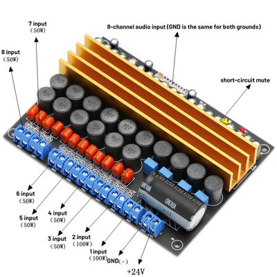 TPA3116 Seslendiriciler için 8 Kanal Dijital Güç Amplifier Board 100W+100W+6*50W D Sınıfı DC18V-24V