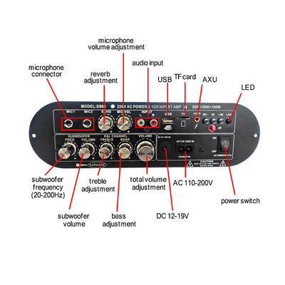 D800 Profesyonel DJ/Karaoke Bluetooth Dijital Amplifier Board 2.0 Kanal 12V Şarj edilebilir Subwoofer Yüksek/Alçak Ses Yüksek Güç