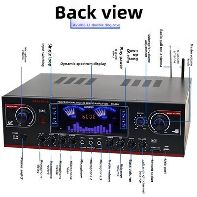 AV-888 7.1 Kanal 2000W Yüksek Güçlü Ev Tiyatrosu Karaoke Güçlendirici Hoparlör Çift Döngü 12 Tüp