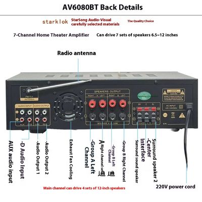 AV-6080BT 1000W 7 Kanallı Sabit Empedanslı Amplifikatör Ev Araba Metal Alıcılar USB Flash SD Kart BT Kablosuz Oynatıcı Global